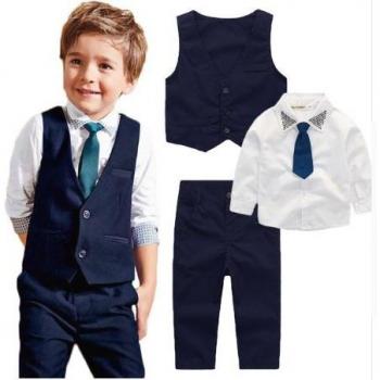 3-Piece Baby Boy's Summer Outfit: Long Sleeved Tee with Tie, Matching Vest, and Pants