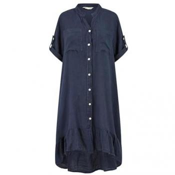 Navy Frill Hem Italian Linen Shirt Dress