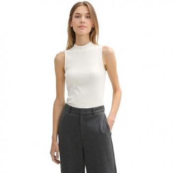 TOM TAILOR DENIM Damen Stehkragen Top Uni Weiß Slim Fit mit Glitzer-Effekt Gr. L