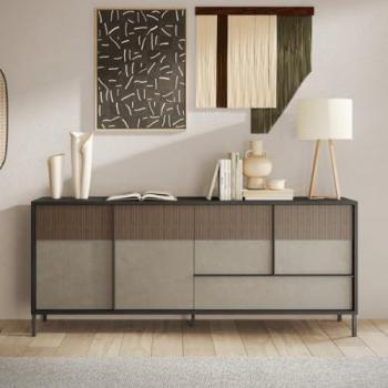 Buffet élégant CIVITA 4 portes 1 tiroir Lave/Argile/Chêne noisette