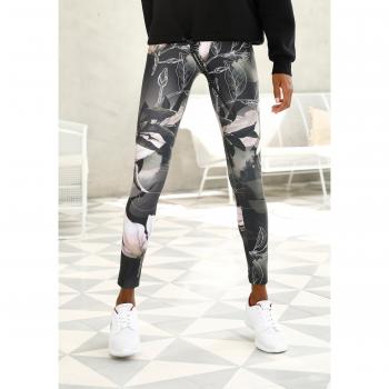Lascana Active Damen‑Leggings mit abstraktem Blumenprint – Khaki & Rosa (XS 32/34)