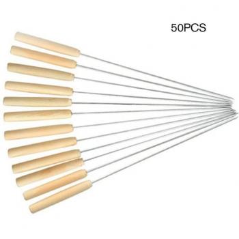 50pcs Reusable Flat BBQ Skewers with Wooden Handle for Outdoor Cooking