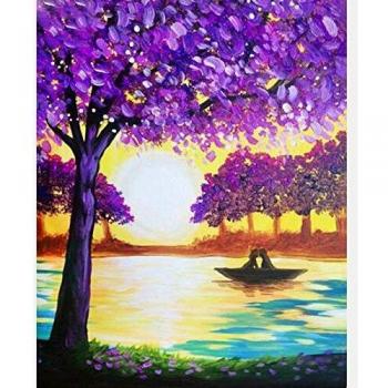 QPCGRA Decorazione per Casa: Diamond Painting Albero Fiore Viola al Lago 30x40 cm