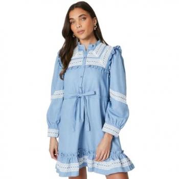 Oasis Women's Petite Blue Chambray Lace Trim Drawstring Mini Dress