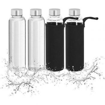 Relaxdays 4‑Pack 500ml Glass Water Bottles with Protective Neoprene Cover (Transparent & Black)