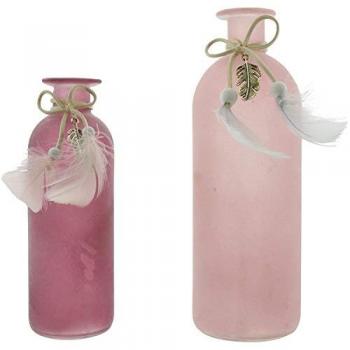 Glasvase im Set, rosa Beeren-Töne, 2 Vasen (16 cm und 20 cm hoch) mit Federn