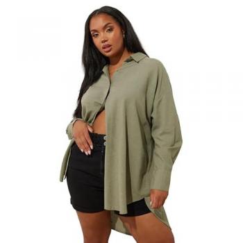 Yours – Khaki Leinenbluse mit langen Ärmeln für Plus Size Damen