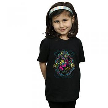 Harry Potter Neon Hogwarts Crest Black Cotton T-Shirt for Girls (Ages 9-11)