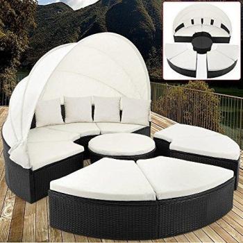 Polyrattan Sonneninsel Ø230cm Schwarz/Creme mit Sonnendach und Kissen