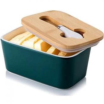 Porcelain Butter Dish with Knife and Wooden Lid
