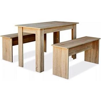 Sonata Oak Finish Dining Table and Benches, 3-Piece Set