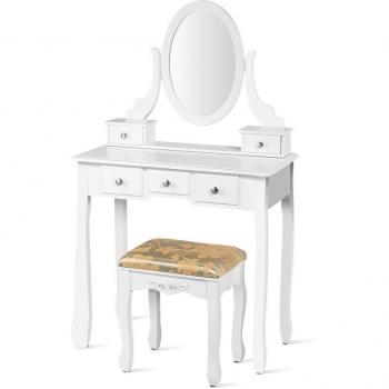 Coiffeuse haut de gamme : miroir ovale rotatif, tabouret blanc