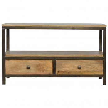 Two-Drawer Oakish Coffee Table with Iron Base