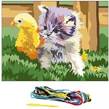 Canevas à broder chaton et poussin 15 x 20 cm