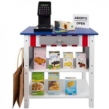 Supermecado de madera Woomax con 25 accesorios y caja registradora eléctrica 48X30XH70 cm
