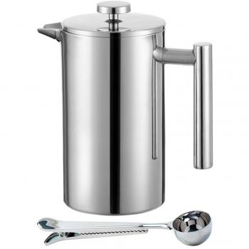 Meelio Stainless Steel French Press (1 L / 34 Oz) for Coffee or Tea with Double Wall and Two Filters