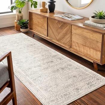 Tapis Vintage Oriental Boho Ivoire/Gris 70x220 cm, Poil Court, Style Salon