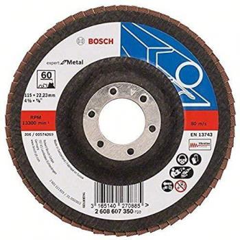 Bosch Plateau à lamelles pour métaux 115 mm, diamètre de trou 22,23 mm, grain 60, coudé