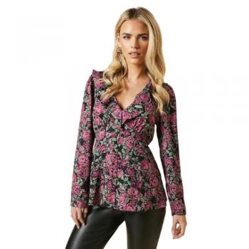 Petite Floral Ruffle Neck Long Sleeve Button Front Blouse for Women