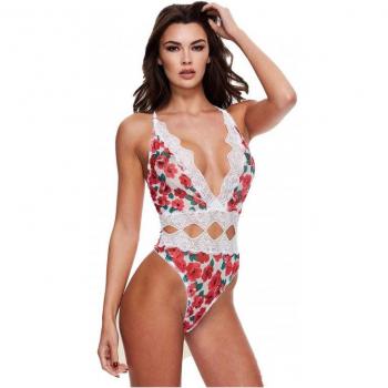 Baci Lingerie Body-string blanc en dentelle et motifs à fleurs, Dentelle Rouge et Blanc