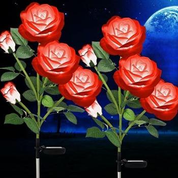 HELESIN Solar Lights Outdoor Garden, 2 x Waterproof Solar Garden Ornaments, Solar Garden Flower Lights, Solar Rose Lights for Garden, Yard, Patio, Pathway, Weddings and Marriage Proposals (Red)