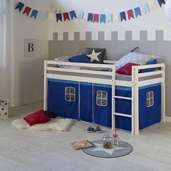 Lit mezzanine enfant blanc 90x200 cm en bois massif avec échelle et rideau bleu