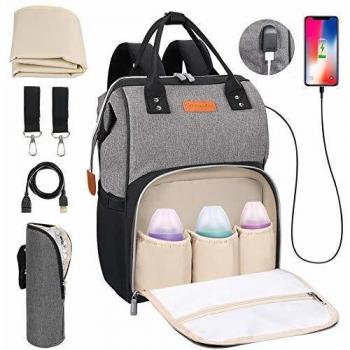 Große Kapazität Wickeltasche, Baby Rucksack mit Wickelunterlage, USB-Lade Port, Schwarz+Grau