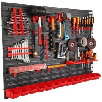 Système de stockage mural – Étagère 116×80 cm, 13 récipients noirs/rouges
