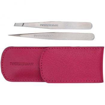 Rostfreies Edelstahl‑Pinzetten‑Set von TweezerMan in Lederetui, schräge & spitze Spitze – Rosarot