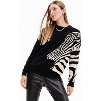 Desigual Round-neck Knitwear in Black, Size M (Oversized, Long Sleeve, Zebra Design)