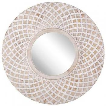 Specchio da Parete Rotondo in Legno Chiaro Ø 60 cm con Cornice Fatta a Mano e Motivo Geometrico Quattrofoil Boho Rustico