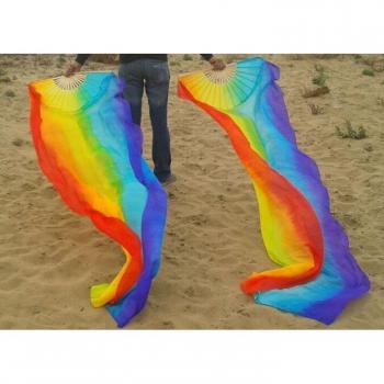 Hochwertige Seidenfächer für Frauen, 100% echte Seide, handgefertigt, Bauchtanz Fan, vielfarbiger Regenbogen, 180x90 cm