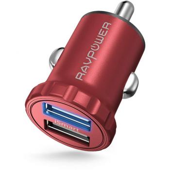 RAVPower Ultra-Slim Dual Port Car Charger with iSmart Technology, 24W 4.8A, Red