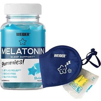 Paquete Weider de Melatonina 120 Gominolas + Antifaz y Tapones 1 mg de melatonina por gominola. Sin Azúcares y Sin Gluten. Sabor Blueberry