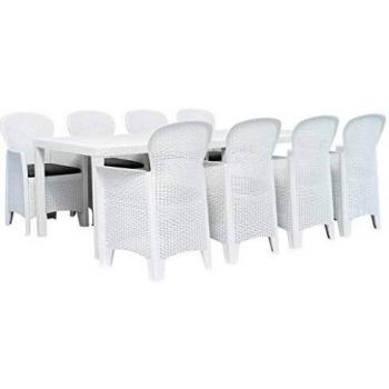 Kunststoff Garten-Essgruppe 9-tlg. in Weiß mit Rattan-Design