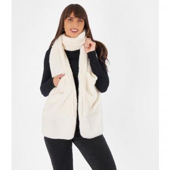 OHS long teddy bear fleece scarf wrap with cream color and plush pocket