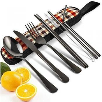 Compact 8‑Piece Black Camping Flatware Set