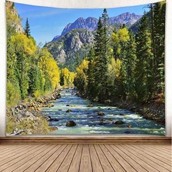 YISURE Scenic Green Pine Tree Waterfall Tapestry