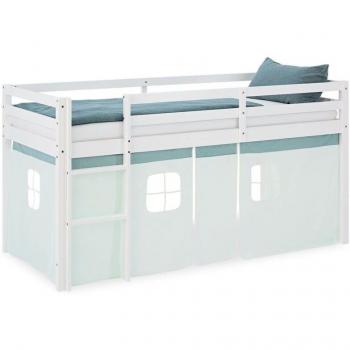 Lit mezzanine avec échelle en bois blanc et tissu vert menthe 90x200cm