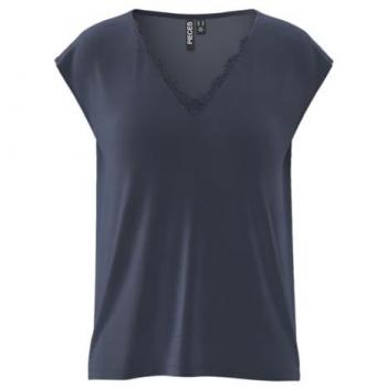 Modal‑Polyester Kurzarmshirt „PCKAMALA LACE V‑Neck“ – unifarben, V‑Ausschnitt