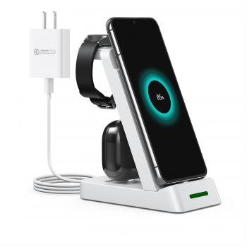 Chargeur sans fil 3-en-1 INF pour smartphone, montre intelligente Samsung et écouteurs blancs