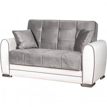 Dmora Canapé-lit péninsule Aloe, tissu blanc-gris, panneau effet bois (163 × 84 × 91 cm)