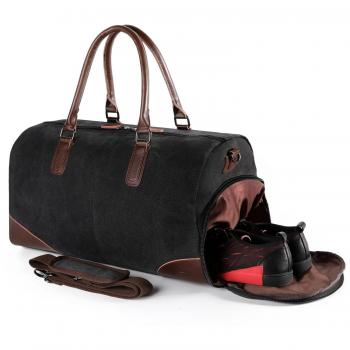 Travel Flight Bag for Men Women, Leather Canvas Holdall Tote Bags with Laptop Compartment, Overnight Duffle Shoulder Bag Handbags by Fresion (Black)