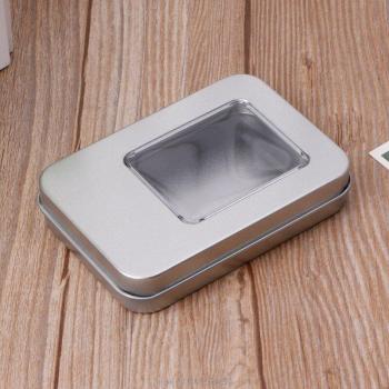 Caja decorativa rectangular plateada, compartimento con ventana media transparente