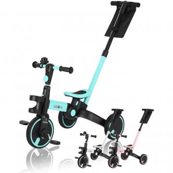 Poussette-Tricycle FableKids 7 en 1 – Direction Parentale, Pliable, Turquoise