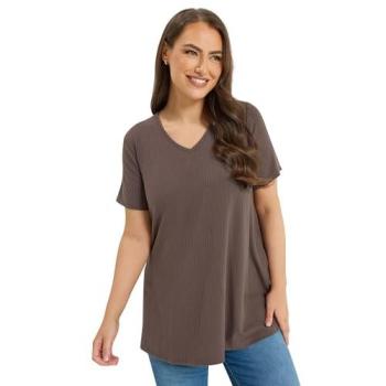 V‑Neck Ribbed Swivel T‑Shirt – Brown for Women, 34/36