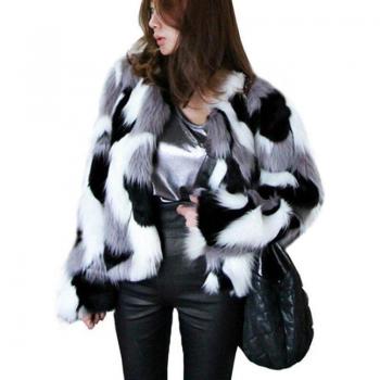 Winter Women's Plus Size Faux Fur Jacket, Loose Round Neck, Short Mixed Color XS-6X