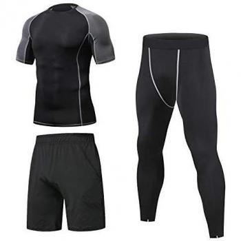 Niksa Homme 3 Pièces Vêtements de Sport Shirt Compression Collant Running Short Séchage Rapide Jogging Workout Football Cyclisme Ensemble Fitness