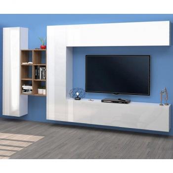 Mural TV meuble blanc suspendu, 2 armoires + bibliothèque Sid WH