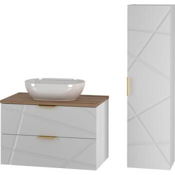 Set Meuble Simple Vasque 80 cm avec Colonne Aurora en Blanc et Bois